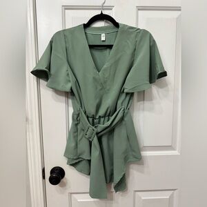 Green V-Neck Belted Blouse, NWOT